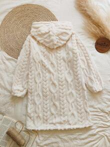 Vintaside Kids 秋冬季 Tween Girl 米色提花毛绒连帽卫衣连衣裙，适合逛街、公园漫步、居家休闲、懒洋洋看电视剧、参加聚会等日常外出。