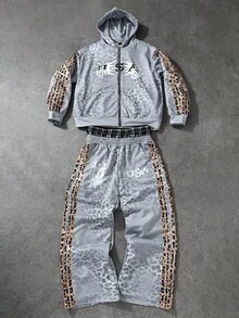 PAVTROS Men Sweatsuit Set, All-Over Leopard Print Pattern, Sweatshirt & Pants Set, Elastic Waistband, Functional Side Pockets, Sweatshirt Features Gray & Black Leopard Print With Modern Abstract Design, Hooded Sweatshirt, Fashionable Oversized Streetwear, Casual For Commute, School, Vacation, Gift For Husband/Boyfriend, Unisex Couple Set, Fall Clothes
