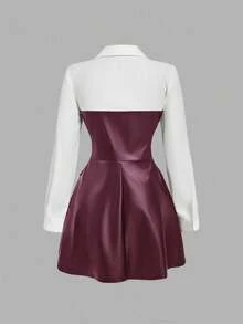 SHEIN MOD Women's Casual Long Sleeve PU Leather Patchwork Mini Dress, Autumn Christmas Party Dress Collared Dress Wine Dress Elegant Dress,Autumn/Winter,Halloween Clothes, Christmas Women's Clothing ,New Year Women's Clothes,Thanksgiving, - Burgundy - View 3