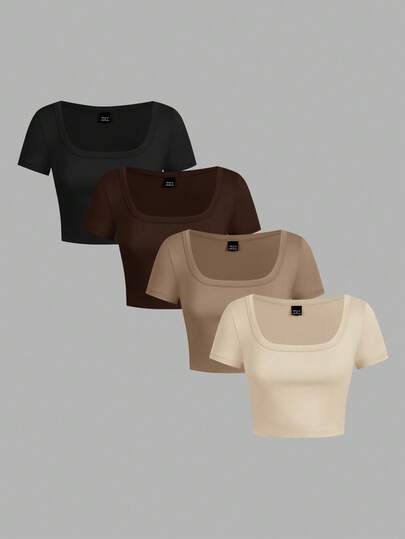 SHEIN EZwear Set de 4 camisetas de mujer de manga corta, con cuello redondo y cuadrado, de corte ajustado y estilo minimalista con patrones casuales, adecuadas para el verano
