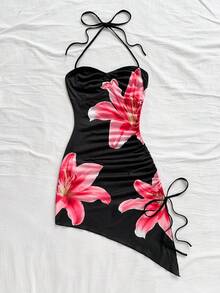 Soleia 女式休闲度假印花挂脖不对称下摆短款连衣裙 - 彩色 - 查看 4