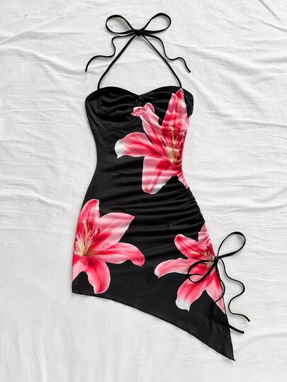Soleia Women's Casual Vacation Printed Halter Asymmetrical Hem Short Dress Floral Dress Summer Dress Lily Dress
