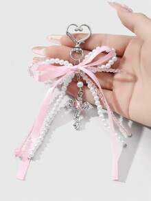 ROMWE Kawaii 1件优雅休闲手工串珠白色仿珍珠水晶粉色丝带蝴蝶结蝴蝶翅膀心形吊坠钥匙扣，适合女性日常佩戴或作为情人节礼物 - 粉色-17 - 查看 4