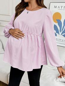 SHEIN 孕妇休闲条纹灯笼袖荷叶边上衣，适合日常通勤，春秋季 - 粉色 - 查看 6