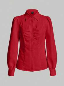 SHEIN LUNE Blus Wanita Kasual Minimalis Warna Polos dengan Lipatan di Bagian Dada dan Lengan Lentera, Musim Semi/Gugur - Merah - View 4