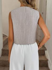 Easowa 女式 V 领不对称下摆金属纽扣前襟休闲宽松通勤复古风格衬衫 - 淺灰色 - 查看 2