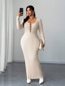Elenzga Women's Elegant Hollow Out Asymmetrical Metal Button Plus Size Round Neck Drop Shoulder Long Sleeve Solid Color Long Knit Sweater Dress - Apricot - View 4