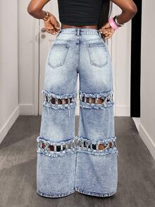 BamGleam 女式镂空口袋做旧宽腿宽松休闲牛仔裤 - 中等水洗藍 - 查看 2