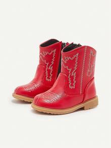 Cozy Pixies 时尚、百搭、可爱、舒适、耐用的红色刺绣酷炫婴儿西部牛仔靴，秋冬款 - 紅色 - 查看 4