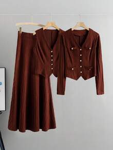 GlowEve CURVE Women's Plus Size Solid Color Vintage Ribbed Knit Gold Button Sleeveless Vest + Jacket + Skirt Elegant 3-Piece Set, Autumn/Winter - Brown - View 3