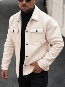 Manfinity Homme 男士保暖内衬纯色长袖单排扣口袋羊毛大衣，秋冬米色男士西部奶油色纽扣男士街头风男士大衣