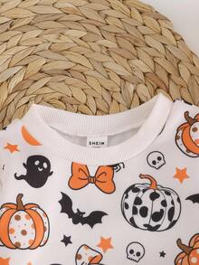 SHEIN Bộ áo nỉ dài tay họa tiết hoạt hình dễ thương cho bé gái và quần cạp chun, phù hợp cho mùa thu/đông và Halloween - Nhiều màu - Xem 3