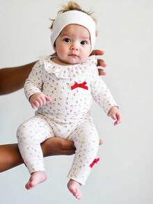 SHEIN Neugeborenen Soft & Komfortabel Rundhals Schleife Dekor Langarm Oberteil und Hose Set, Herbst/Winter