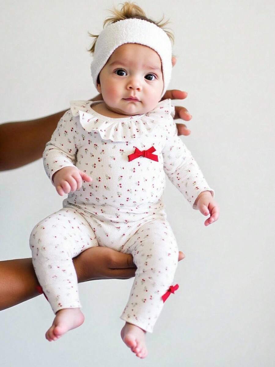 SHEIN Neugeborenen Soft & Komfortabel Rundhals Schleife Dekor Langarm Oberteil und Hose Set, Herbst/Winter