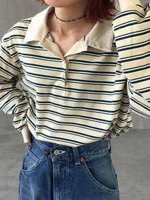 FRIFUL Women's Casual Loose Striped Drop Shoulder Long Sleeve T-Shirt, Autumn Preppy Tops Striped Shirt Collared Shirt Striped Long Sleeve Striped Blouse