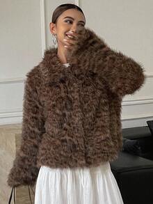 Livesso 女士仿毛皮休闲商务外套，宽松版型，时尚百搭，适合办公室穿着，棕色，秋冬女式外套 - 棕色 - 查看 5