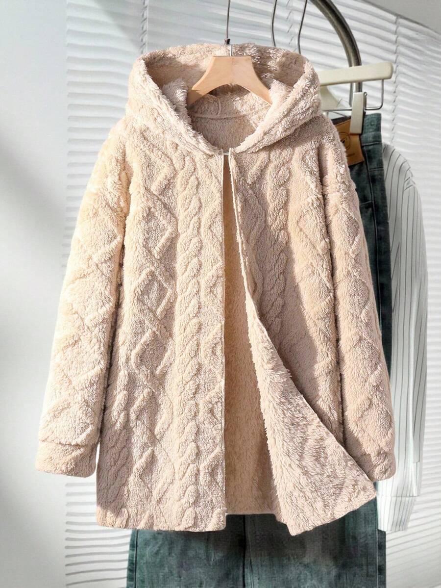 Sparklyn 青少年女孩休闲百搭家居服日常校服罗纹针织连帽长款开衫夹克，秋冬秋季 - 卡其色 - 查看 1