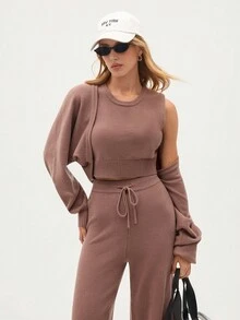 Eassivo Eassivo 3件套宽松长袖外套+圆领背心+系带裤针织套装 - 棕色 - 查看 7