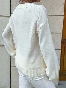 SHEIN Unity 休闲百搭V领花卉图案女式毛衣 - 杏色 - 查看 2
