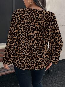 EMERY ROSE Plus Size Leopard Print Shirt Women's Brown Round Neck Long Sleeve Blouses,Smart Casual Elegant Animal Pattern Chic Top For Everyday,Autumn Clothes - Multicolor - View 2
