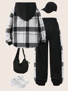 SHEIN Explorewe Girls Casual Loose Plaid Hooded Shacket Paired With Sweatpants Suit, Suitable For School, Campus, Leisure And Daily Wear, Autumn