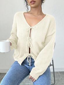 Selianne 女式纯色前系带长袖休闲衬衫，简约设计，适合日常穿着短款开衫黑色开衫女孩蝴蝶结开衫黑色开衫短款开衫 - 杏色 - 查看 3