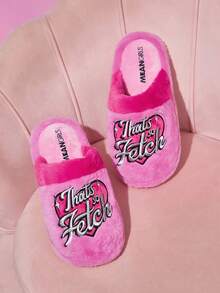 Mean Girls X SHEIN Pantofole da donna alla moda e carine con ricamo argento, antiscivolo per interni, morbide pantofole rosa in pelliccia sintetica calde per l'inverno, suola durevole, adatte per casa, camera da letto, stanze climatizzate in primavera e autunno
