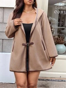 Vionelle Jaket Kasual Berkerudung Ukuran Besar dengan Kantong, Musim Gugur/Musim Dingin - Khaki - View 3