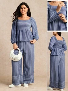 EMERY ROSE Plus Size Lantern Sleeve Ruffle Hem Casual Retro Striped 2 Pieces Set