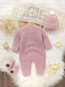 SHEIN 3er Set! Baby Romper + Neugeborenen Schuhe + süßer Hut, minimalistischer Lässig Stil, mühelos chic Baby Outfit, praktisch und wirtschaftlich - Pink - Übersicht 2