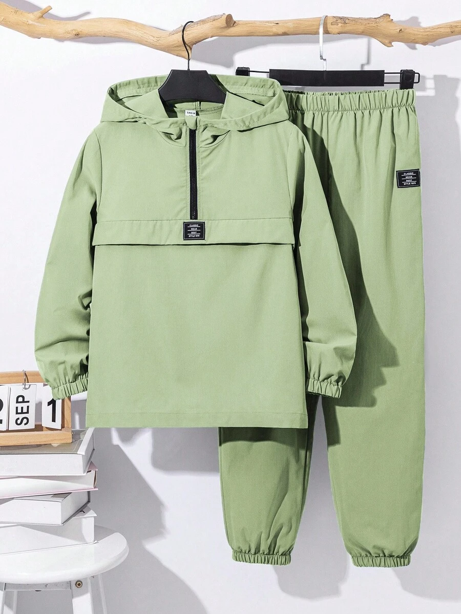 SHEIN 2pcs/Set Tween Boy Semi-Open Hooded Jacket And Elasticated Waist Pants Sporty Casual Outfit, Suitable For Autumn/Winter - Mint Green - View 1