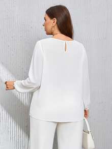 SHEIN Privé Plus Size Women's Solid Color Round Neck Lantern Sleeve Loose Fashion Blouse