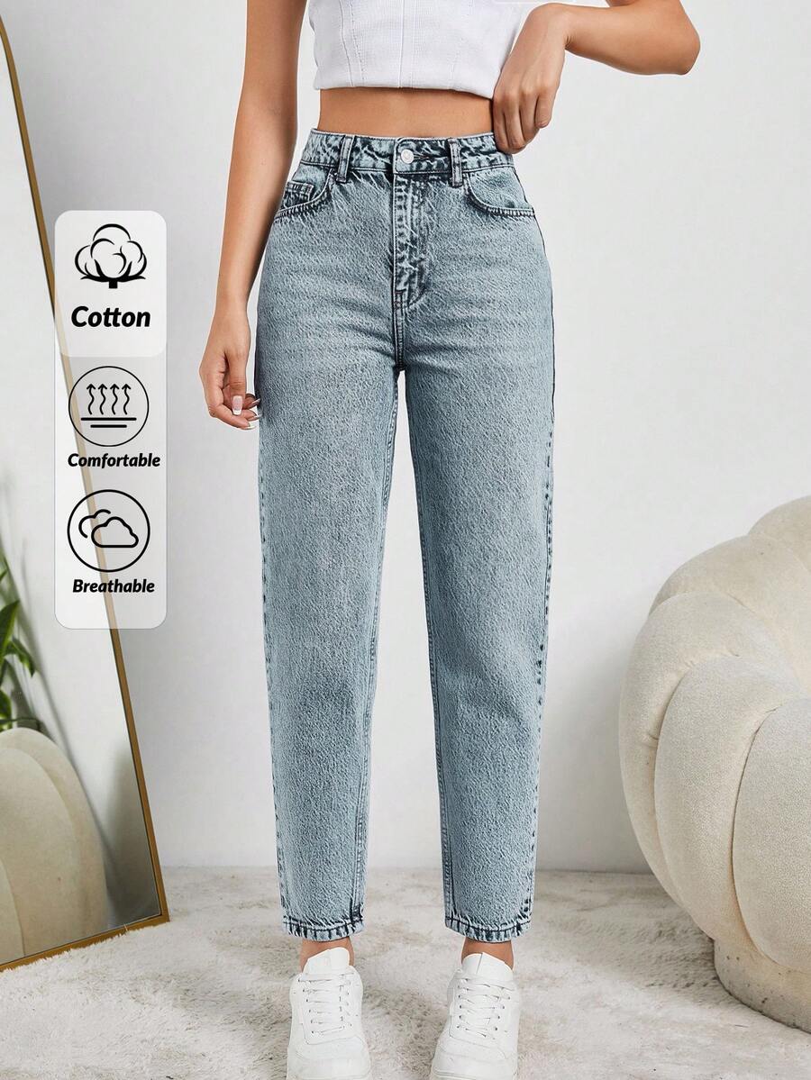 SHEIN Tall HIGH RISE MOM FIT LIGHT BLUE JEAN TALL - Baby Blue - View 1