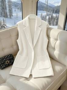 GlowEve 女士休闲优雅缺口领口袋针织开衫背心 - 白色 - 查看 3