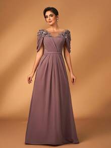 Serin 女士优雅雪纺面料圆领透视长袖褶皱亮片贴花微美人鱼裙摆连衣裙，适合新娘母亲、婚礼、活动、派对、正式场合、情人节等场合穿着。 - 咖啡棕 - 查看 8