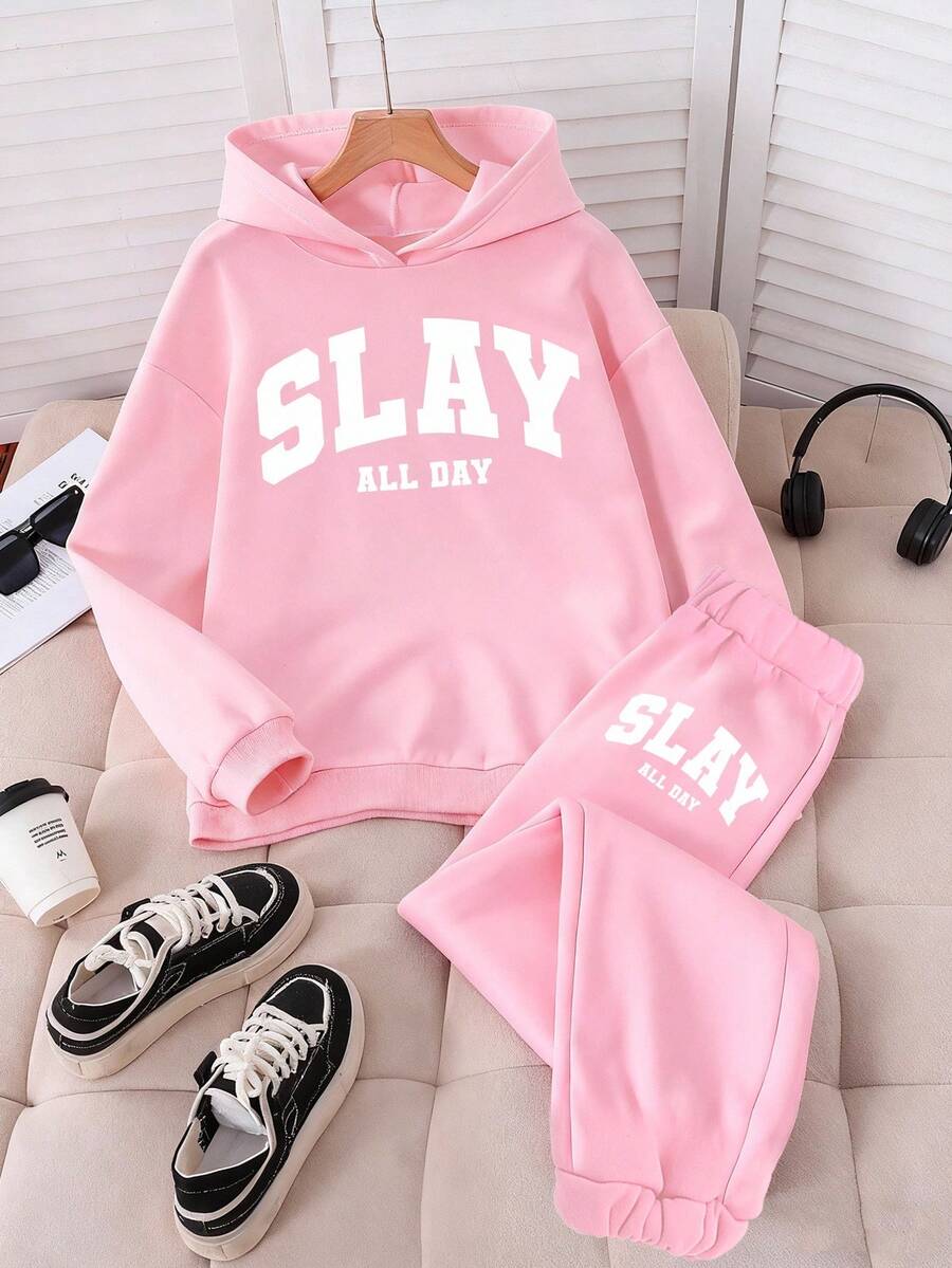 SHEIN Set 2 buc. hanorac casual cu glugă și pantaloni jogger pentru fete, imprimeu roz cu litere și grafică, confortabil
