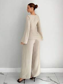 Siren Gaze 2pcs Contrast Trim Flare Sleeve Shirt And Pants Set, Autumn Winter Casual Spring - Apricot - View 2