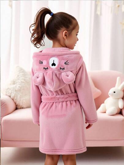 SHEIN Söt och mysig badrock med 3D-motiv och broderi, avtagbart bälte, höst/vinter, varm stickad dubbelsidig fleecebadrock med huva för flickor, fluffig pyjamas, söt katt, björn, tecknad broderi, Halloween, jul