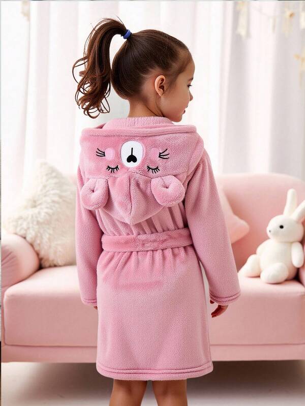 SHEIN Young Girl Young Girl Cute & Cozy 3D.Ear Cartoon Embroidered Hooded Bathrobe With Detachable Belt Pajamas , Autumn/Winter,Girl Cartoon Embroidery Warm Knitted Double-Sided Fleece Bathrobe With Hood For Winter Girls Bathrobetoddler Robe Girlgirls Fluffy Pajamasbathrobe For Young Girl,Cute Cat Bear Cartoon Embroidery,Halloween,Christmas, Fall