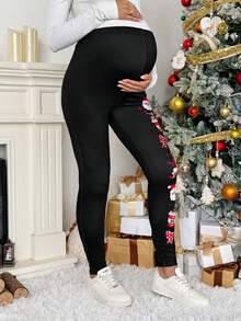 SHEIN Adjustable Waist Bow Tie Santa Claus Print Casual Leggings For Pregnant Women Autumn/Winter Tights Leggings Christmas Leggings Black Leggings For Women Maternity Leggings Santa Claus Leggings