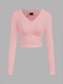 SHEIN EZwear 女款冬季黑白粉百搭色針織抓絨內裡V領收腰修身長袖打底衫休閒百搭T恤上衣 - 彩色 - 查看 7