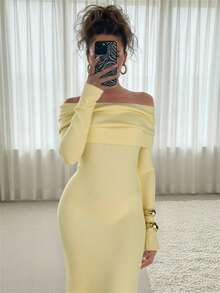 SHEIN BAE 女式露肩修身纯色长袖毛衣裙 - 黃色 - 查看 8