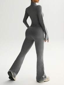 Dewbera Damen Herbst/Winter Sportset, Sportjacke mit engem Kragen, Reißverschluss, Langarm und Daumenöffnung, kombiniert mit hochgeschnittener Sporthose mit Kontraststreifen, 2-teiliges Outfit