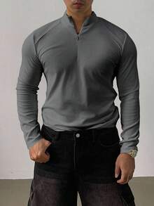 DAZY Men's Solid Gray Slim Fit Sports T-Shirt, Autumn Quarter Zip Men - Grey - View 3