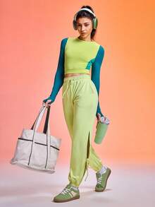 SHEIN Sovereign Charm Women's Casual Solid Color Drawstring Waist Hollow Out Twist Hem Sports Pants - Mint Green - View 5
