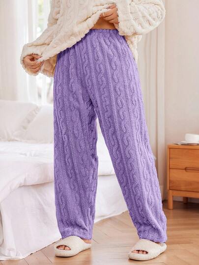 SHEIN Pantalones de dormir de felpa suave con cintura elástica y estampado jacquard para mujer de talla grande, cálidos y acogedores