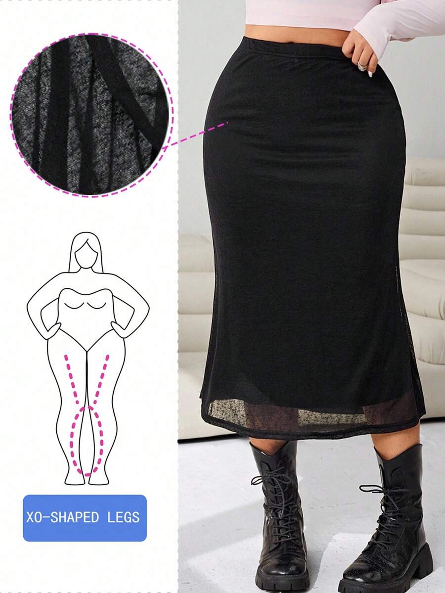 Solflare 大码纹理针织黑色休闲铅笔裙，秋冬 - 黑色 - 查看 1