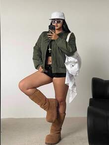 POPSWAY Abrigo acolchado de talla grande, verde militar, estilo casual de calle - Verde militar - Ver 3