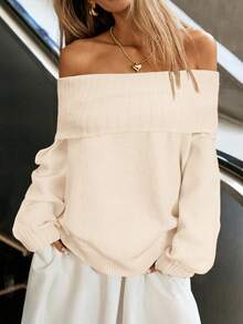 Siren Gaze 休闲露肩女士纯色长袖毛衣，秋季外出，舒适秋冬时尚 - 杏色 - 查看 5