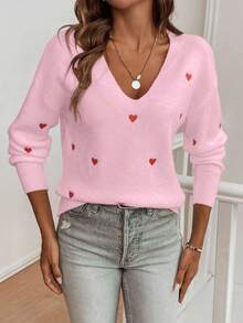 EMERY ROSE Women's Casual Loose V-Neck Drop Shoulder Long Sleeve Heart Pattern Sweater, Autumn/Winter - Baby Pink - View 6